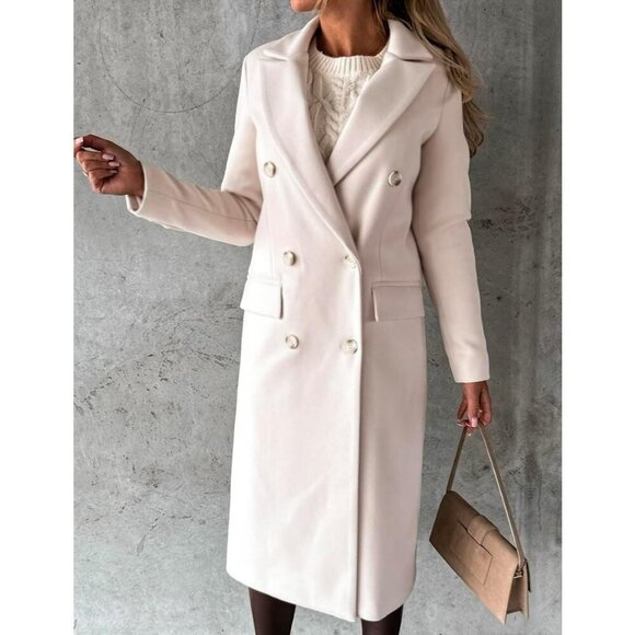Women's Beige Long Wool Double-Breasted Trench Coat for Fall and Winter - Picture 2 of 4